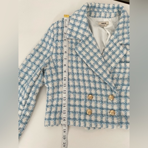 SET JASON WU Boucle Tweed cropped blazer and skort  Blue White Gold Button 8 M - Picture 5 of 16